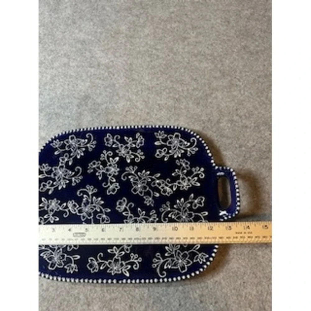 Temp-tations Cobalt Blue Floral Ceramic Serving Tray Rectangular Platter Handles